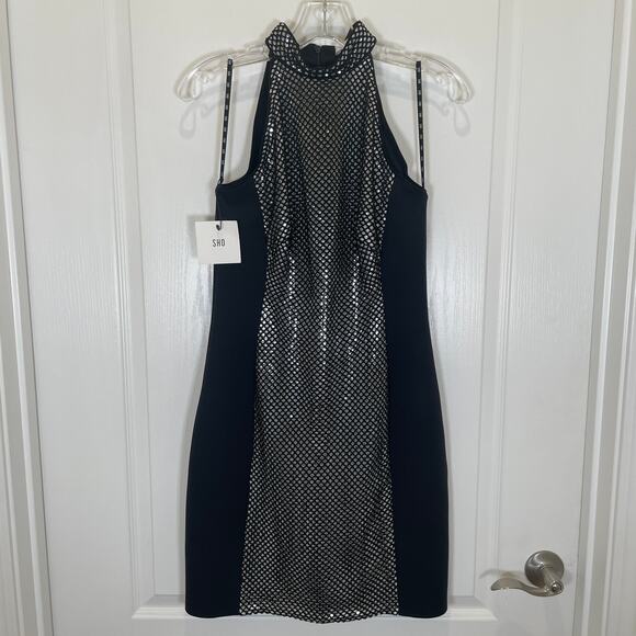 Sho by Tadashi Shoji Bodycon Dress Mock Neck Silver Sequin Netted Black NWT 8 - Picture 1 of 7